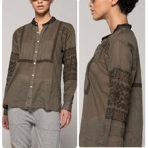 Burning Torch embroidered long sleeve button front blouse top size L